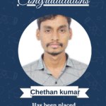 Congratulatory poster featuring Chethan Kumar's photo and his placement as AI/ML Engineer at Valian Communications.