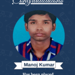 Congratulatory banner announcing Manoj Kumar's placement as Embedded Developer at People Tech via ISM University of Skills logo at top.
