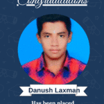 Congratulatory poster announcing Danush Laxman as a Full-Stack Developer at Alten Calsoft Labs, with ISM logo at the top.