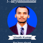 Award banner noting Vinoth Kumar has been placed as Embedded Developer at Ethicstech Embedded Solution, with the ISM logo visible.