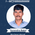 Congratulations banner with Surendra Babu's photo announcing placement at Redbot Innovation Pvt Ltd as AI/ML Developer.