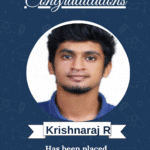 Poster congratulating Krishnaraj R on being placed as a Software Engineer, featuring his portrait on a blue 'Congratulations' banner. GWI ISM branding present.
