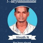 Congratulatory poster featuring a portrait of Vinoth N, with text announcing placement as Firmware Engineer at RioSH Tech Pvt Ltd by ISM University of Skills