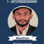 Certificate-style congratulations card featuring ISM University of Skills logo and a portrait of Manthan, who has been placed as Firmware Engineer at RioSH Tech Pvt Ltd