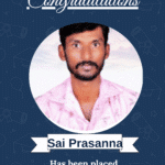 Certificate-style design with ISM logo, 'Congratulations' header, circular photo of Sai Prasanna, and text revealing his software engineer placement at Axiscodes