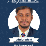 Certificate-style poster announcing Abdulllah M placed at Zibtek Pvt Ltd as Python Developer, with ISM logo at top.