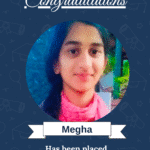 Certificate-style congratulatory card featuring ISM University of Skills logo, a portrait of Megha, and text announcing her placement at Zibtek Pvt Ltd as Python Developer.
