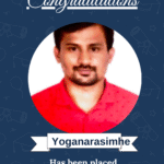 Certificate-style poster celebrating Yoganarasimhe’s placement as a Python Developer at Zibtek Pvt Ltd, with ISM logo at top and 'Congratulations' message.