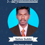 Placement achievement banner featuring a portrait of Selva Subbi with 'Congratulations' and the text 'Python Developer' (Ethicstech Embedded Solutions).
