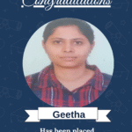Geetha's portrait on a blue celebration poster announcing her placement as Embedded Developer at Burn Health Pvt Ltd.