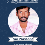Congratulatory poster for Sai Prasanna announcing his placement as Software Engineer at Axiscodes, with his photo in a circular frame.