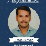 Celebration poster with ISM logo, a circular photo of Rajakumar, and text noting his AI engineer placement at Sima Microsystems.