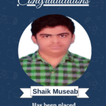 Certificate-style achievement image featuring ISM University of Skills logo, a decorative 'Congratulations' banner, a circular portrait of Shaik Museab in a green plaid shirt, and text announcing his placement at ZF India as a Python Developer.