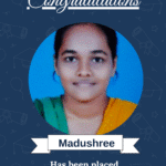 Certificate-style banner featuring a portrait of Madushree, awarded placement as Embedded Engineer at Altorum Leren Pvt Ltd, with 'we are proud of you' message.