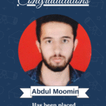 Certificate-style graphic announcing Abdul Moomin's placement as Data Science Engineer, featuring his portrait and a 'Congratulations' banner.