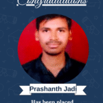 Award-style poster congratulating Prashanth Jadi on placement as AI/ML Engineer at Smart Soc Solution, with his portrait photo.