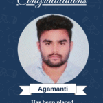 Congratulatory poster announcing Agamanti's placement as AI & ML Engineer at Sana Software Service Pvt Ltd, with a round headshot and ISM University of Skills logo at the top.