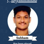 Congratulatory poster featuring Subham's portrait, announcing placement as Software Engineer at PathPartner Tech Pvt Ltd.
