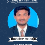 Certificate-style banner announcing a placement achievement for Mahabir Mohala as Firmware Engineer at DIAC Lab, with a portrait and congratulations message.