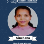 Portrait of Sinchana on a navy graduation-style poster, announcing her placement as Front End Developer at Granite River Lab Tech Pvt Ltd with a 'Congratulations' banner.
