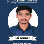 Congratulations card featuring Sai Kumar's portrait, recognizing placement at SakRobotix as AI & ML developer on a navy background.