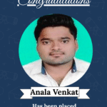 Poster announcing placement: photo of Anala Venkat with 'Congratulations' and company name Riosh Tech Pvt Ltd; AI&ML developer.