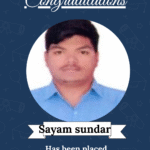 Certificate-style poster with a headshot of Sayam Sundar and the message "Congratulations"; announces his placement at HTC as AI&ML developer.