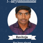 Congratulatory poster featuring Raviteja's portrait and placement as Software Engineer at Votary Softtech Solution Pvt Ltd.
