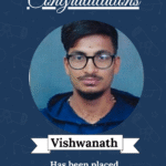 Portrait of Vishwanath on a blue congratulatory poster announcing placement as Embedded Developer at Diitectura Tech Pvt Ltd. Includes ISM University of Skills branding and a 'we are proud of you' message.