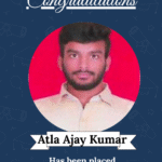 Celebration banner featuring a portrait of Atla Ajay Kumar, congratulating his placement as Embedded Developer at Riosh Tech Pvt Ltd from ISM University of Skills.