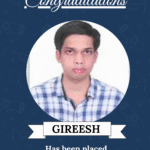 Congratulatory poster featuring a portrait labeled GIREESH, announcing placement at Micrologix Embedded Controls in Embedded Software Development.