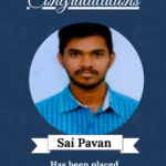 Portrait of Sai Pavan on a navy congratulations poster with the ISM University of Skills logo at the top, featuring a circular photo and text announcing placement as Embedded Engineer at Acudy IT Solution Pvt.