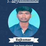 Congratulatory banner with Rajkumar's portrait, celebrating his placement as Embedded Engineer at Young Minds Tech Solution.