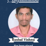 Certificate-style poster featuring ISM University of Skills logo, a 'Congratulations' header, circular photo of Kushal Vishnu, and text announcing his Embedded Engineer placement.