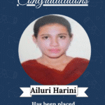 Congratulatory certificate with photo of Ailuri Harini, noting placement as Embedded Software Developer at Yantra Vision Software Pvt Ltd