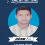 Placement announcement banner for Ashrar Ali: AI/ML Designer at Zestlot Tech Pvt Ltd, featuring his portrait against a dark blue background with 'Congratulations' text.
