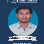 Certificate-style celebration graphic featuring Mohan Kumar B's portrait, announcing placement as AI & ML Designer at Axend Automation & Software (ISM logo visible).