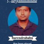 Certificate-style poster announcing Surendrababu placed as AI and ML Developer at Infiquity Auto Tech Pvt Ltd, with ISM logo at top, on a blue congratulatory background.