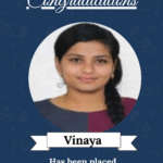 Certificate-style poster featuring ISM University of Skills logo, a 'Congratulations' banner, and a portrait of Vinaya with text about her placement as AI & ML Developer at Accord Software & System