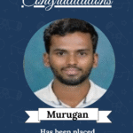 Congratulatory poster featuring a circular photo of Murugan with the caption 'AI&ML Developer' for Eximius Design India Pvt Ltd.