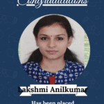 Congratulatory poster featuring a portrait of a young woman on a dark blue background with 'Congratulations' text above and the name 'Lakshmi Anilkum ar' displayed on a ribbon.