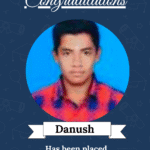 Celebration card announcing Danush's placement as Full Stack Developer at Alten Calsoft Labs, with a circular portrait and 'Congratulations' header.
