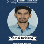 Celebration poster with a headshot of Vamsi Krishna on a blue congratulations banner announcing his Embedded Designer role at Newtech Solution.