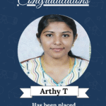 Congratulatory banner featuring Arthy T's portrait and the message announcing her placement as Software Engineer at Eximius Design India, with ISM University branding.