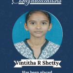 Congratulatory poster featuring student Vinititha R Shetty and her placement as Software Engineer at Eximius Design India.
