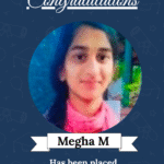 Congratulatory certificate featuring Megha M's photo, announcing her placement as a Python Developer at Zibtek Pvt Ltd.